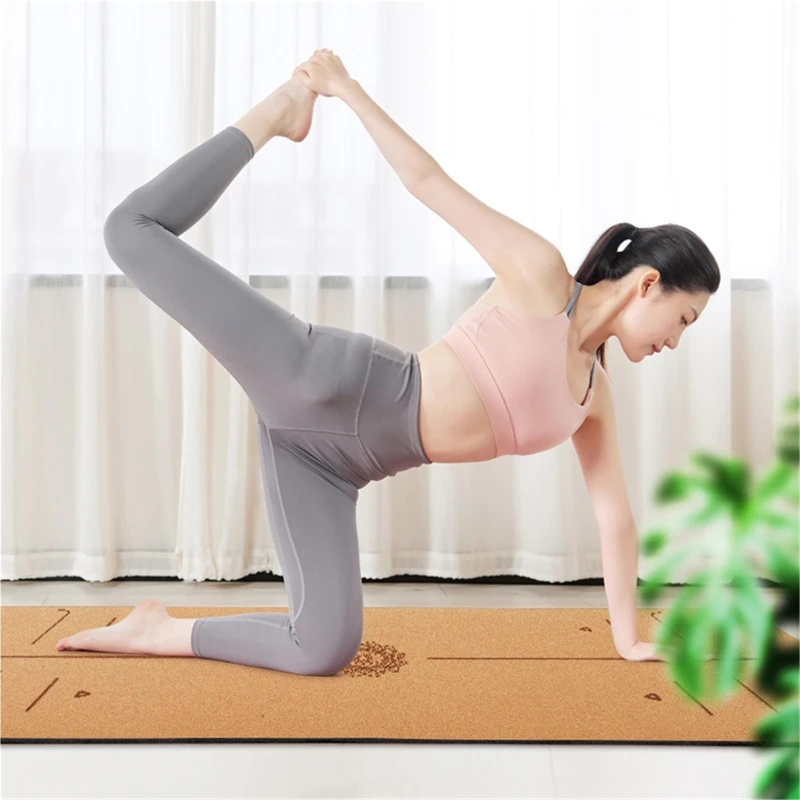 Esterilla Yoga Estera de yoga corcho TPE con línea posición, almohadilla antideslizante, ejercicio, tamaño 183 cm x 68
