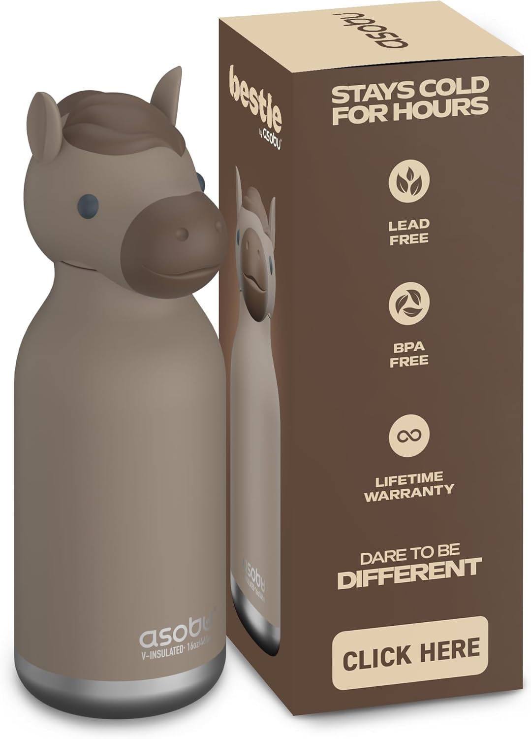 Asobu Bestie Bottle Insulated Stainless Steel Water Bottle with Detachable Soft Animal Head Fun Drinking for Kids and Teens with Flexible Reusable Straw 16 Ounce (Horse) โ image 1