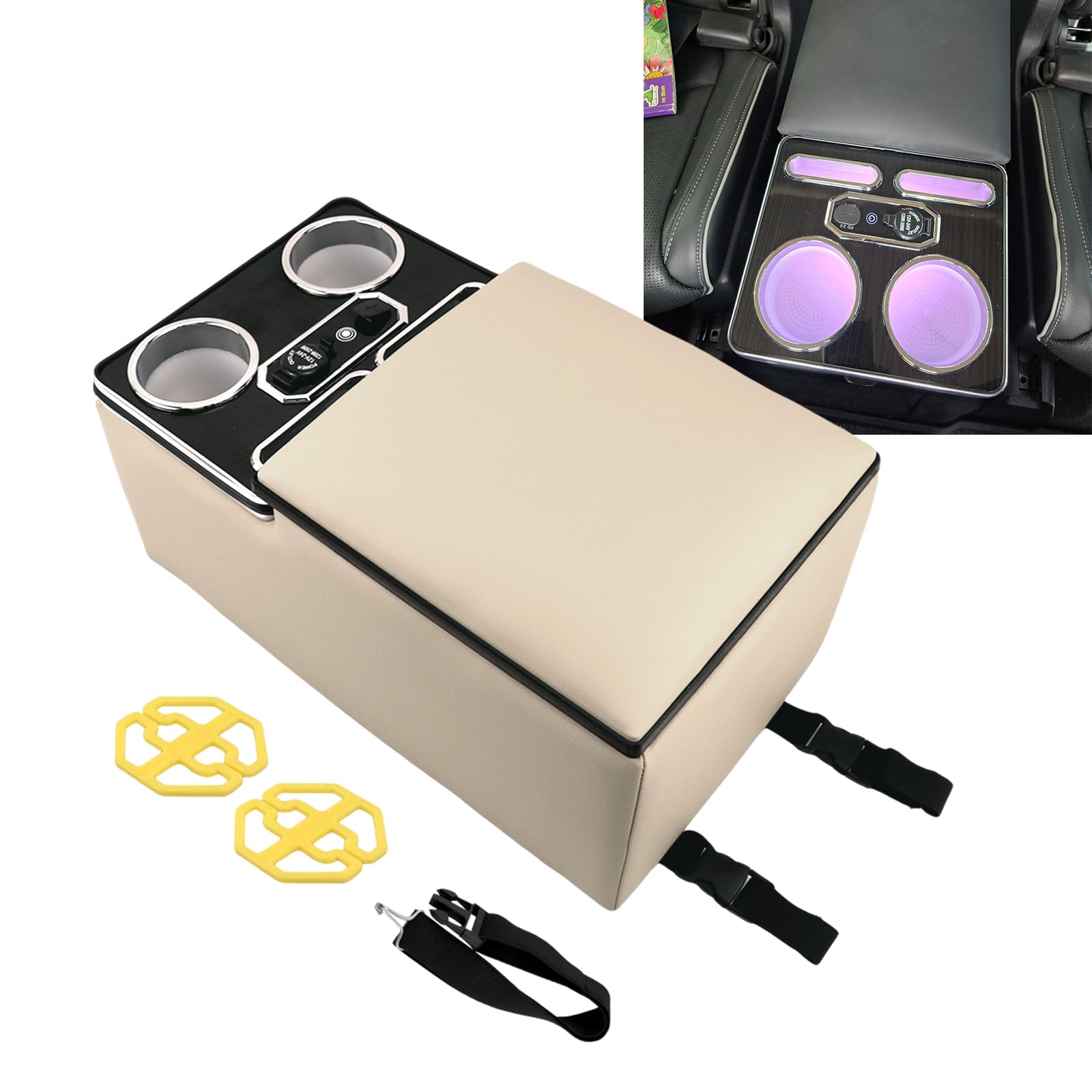 Sporacingrts Center Console Armrest Storage Box with Wireless Charging Pad & Pull-Out Front Cup Holder, Multifunctional Car Armrest Organizer for Cars, Vans & Trucks – White