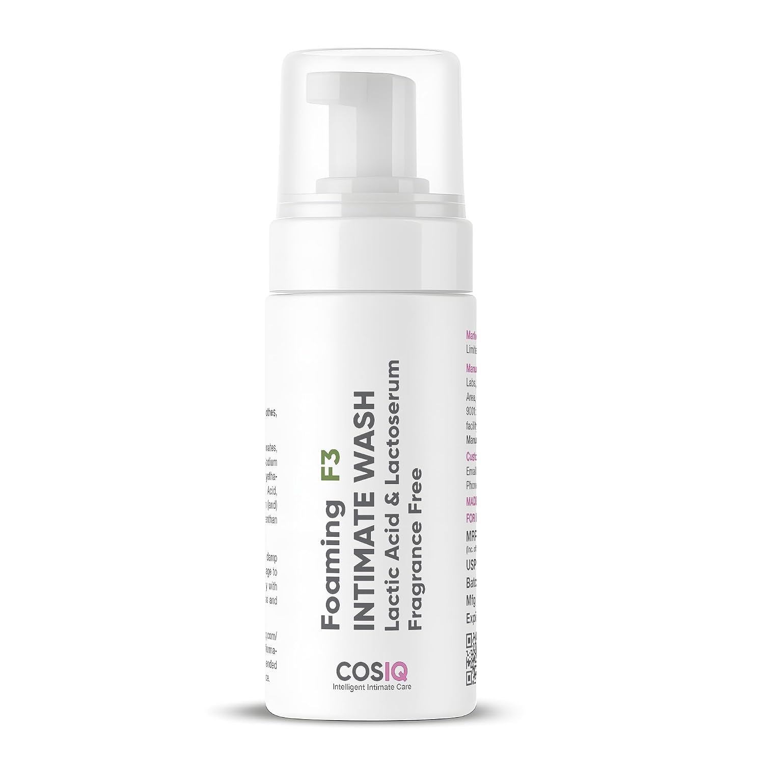 Cos-IQ Foaming F3 Intimate Wash, 100ml | Fragrance-Free Hygiene Wash with Lactic Acid & Lactoserum | Prevents Itching, Irritation & Dryness | Soothes Intimate Skin | Suitable for All Skin Type