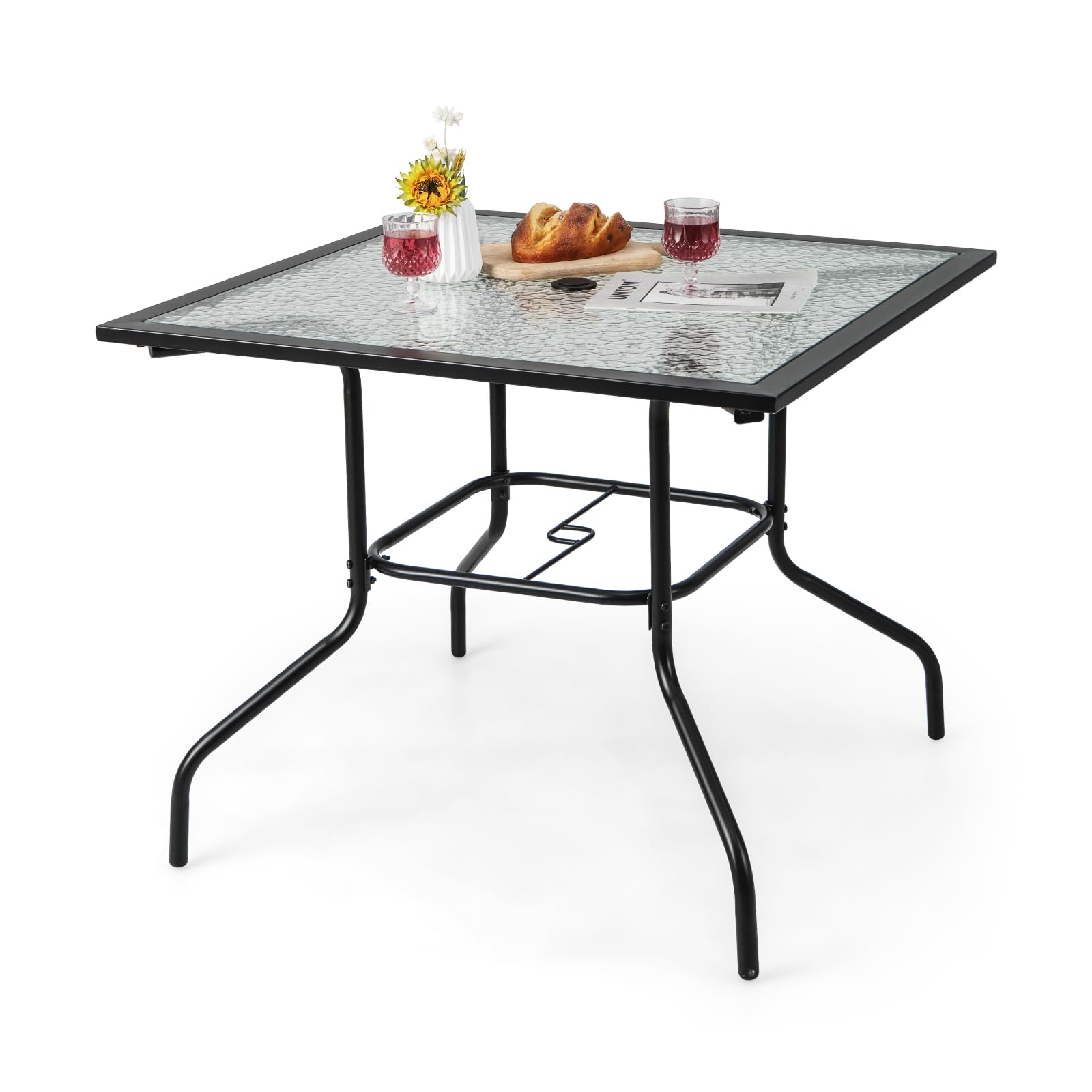 GOPLUS - Mesa de jardín al aire libre, mesa redonda, bandeja de cristal templado y agujero de sombrilla, ideal para terraza, balcón, bistro, patio, 89 x 89 x 72 cm, carga 75 kg