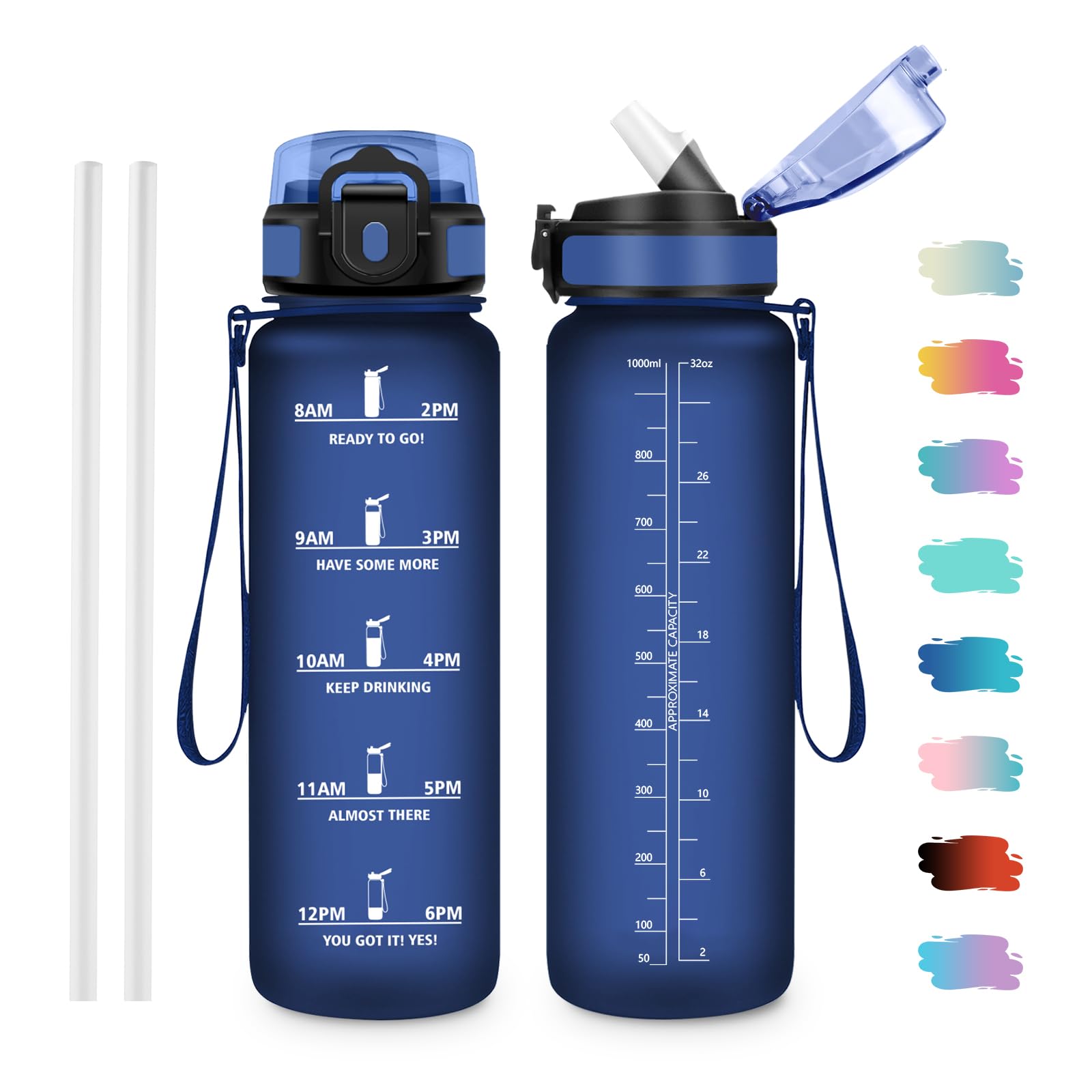 JAPORIA 1L Water Bottle, Straw Bottle, Motivational Water Bottle, BPA Free Time Mark Bottles for Gym, Office, School, Sport