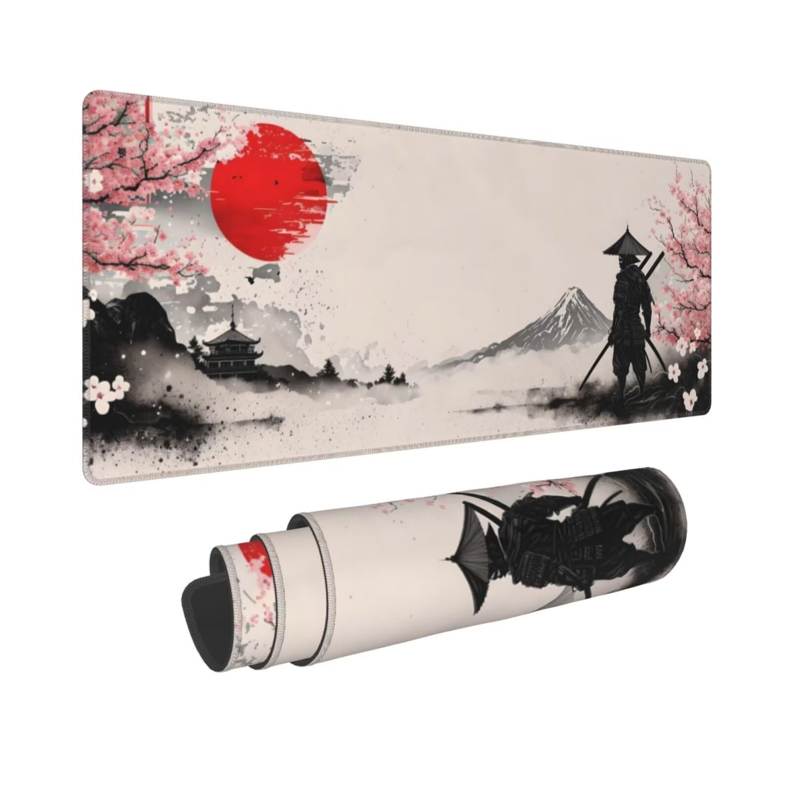Tappetino Mouse, Tappetino Mouse Gaming Grande XXL 1500x800x3mm Tappetino Scrivania Mouse Pad, Base in Gomma Antiscivolo, Bordi Cuciti,Lavabile, Mousepad per Ufficio e Gaming (Paesaggio samurai) R-652