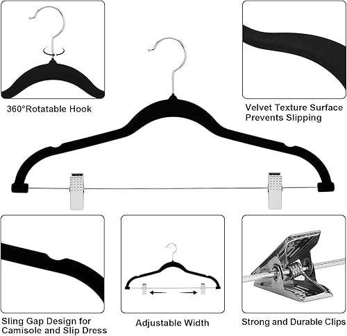 Miniatura 5 de Paquete de 30 perchas de terciopelo, perchas POZEAN para pantalones con clips ajustables, perchas para faldas, perchas de fieltro, ahorran espacio