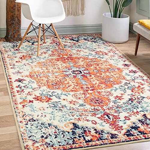 TANVILL Washable Rugs 3x5 Rug Non-Slip Boho Chic Medallion Distressed Area Rug Runners for Entryway Hallways Kitchen Bathroom, Soft, Low Pile, Blue Teal Orange