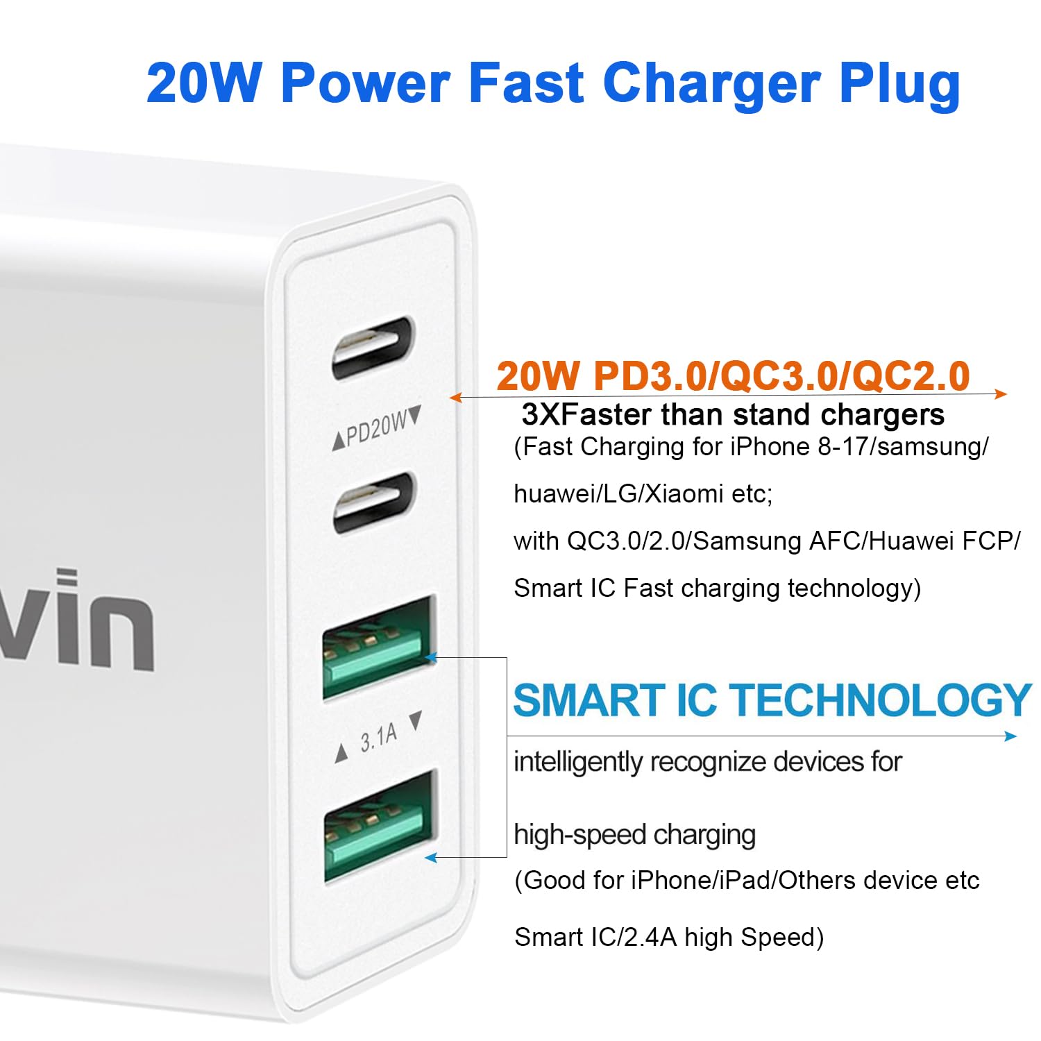 Multi USB and USB C Charger Plug UK Fast Charge,40W Multiple A+C Charging Head Dual Port Type C Power Adapter i Phone Apple Plugs USBC for iPhone 17 16 15 14 13 12 11 Pro Max Plus iPad 10th A16 Watch - 4