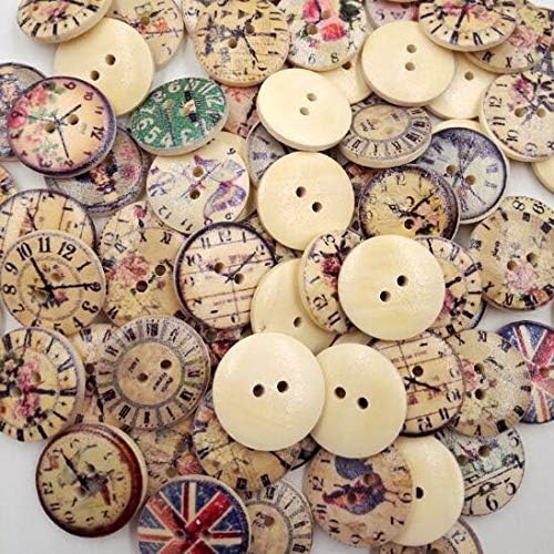 DNHCLL 50 PCS 20MM 2-Hole New Vintage Style Popular Mixed Craft Round Wooden Clock Buttons Sewing Accessories Decorative Buttons,Used for DIY Craft and Sewing Scrapbooking
