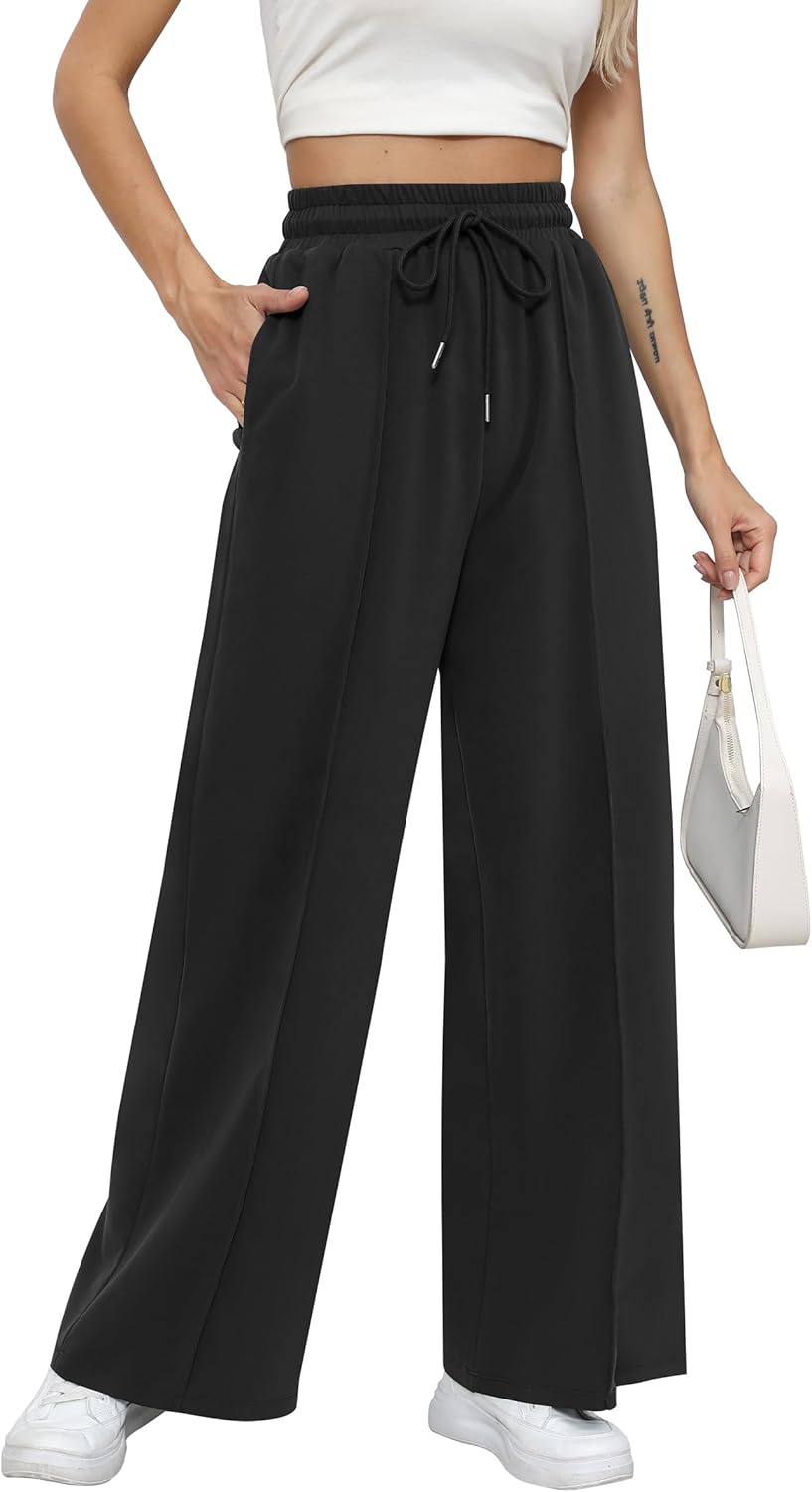 Missufe Women's Elastic High Waist Wide Leg Loose Casual Pants Joggers Workout Lounge Sweatpants with Pockets