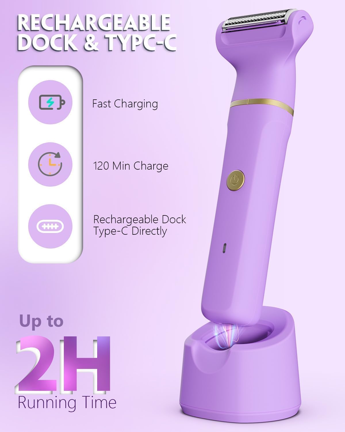 Bikini Trimmer for Women - Painless Electric Razors-Cordless Body Shaver for Trip,Replaceable Lady Facial Razor, IPX7 Waterproof&Easy Cleaning, Ceramic Blade, USB Charge Purple - Image 3