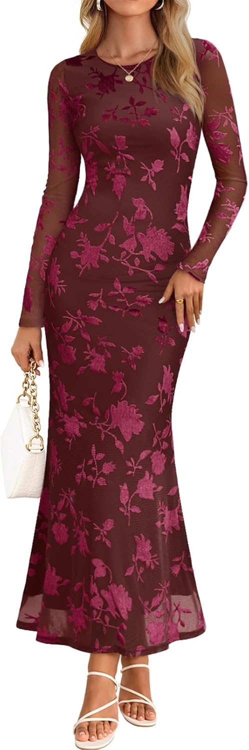 MEROKEETY Women's 2026 Spring Wedding Guest Maxi Dress Long Sleeve Bodycon Floral Mesh Fall Cocktail Formal Party Dresses