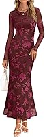 MEROKEETY Women's Floral Mesh Maxi Dress Long Sleeve Bodycon Wedding Guest Cocktail Party Formal Fall 2025