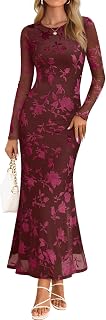 MEROKEETY Women's Floral Mesh Maxi Dress Long Sleeve Bodycon Wedding Guest Cocktail Party Formal Fall 2025