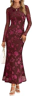 Women's 2026 Spring Wedding Guest Maxi Dress Long Sleeve Bodycon Floral Mesh Fall Cocktail Formal Party Dresses