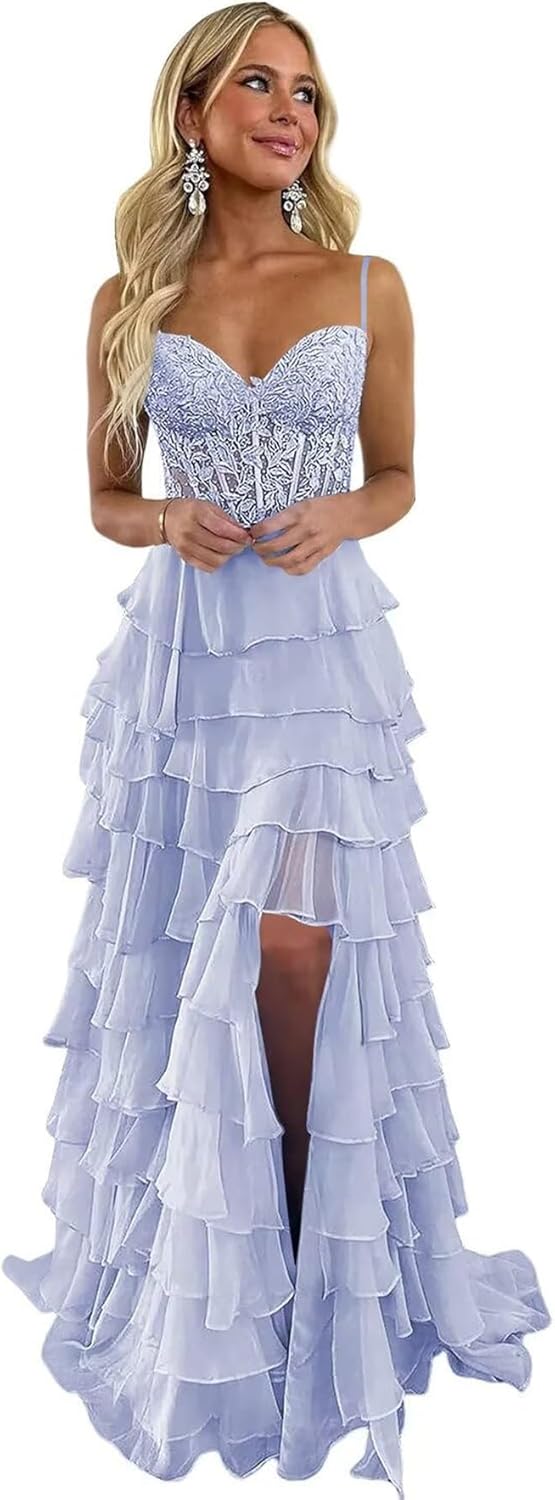 Lace Appliques Tiered Prom Dresses with Slit 2025 Spaghetti Strap Corset Ruffle Chiffon Formal Evening Gowns