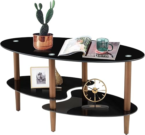 Miniatura 5 de YISUYA Mesa de centro de cristal, mesa de centro de vidrio ovalada negra, mesa de centro de vidrio transparente, mesa moderna, mesa de té de patas