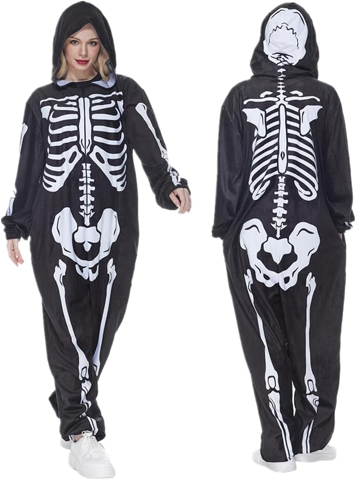 FantastCostumes Unisex Adult Skeleton Costume Halloween Plush Jumpsuit Double Sided Print One Piece Skull Pajamas with Hood