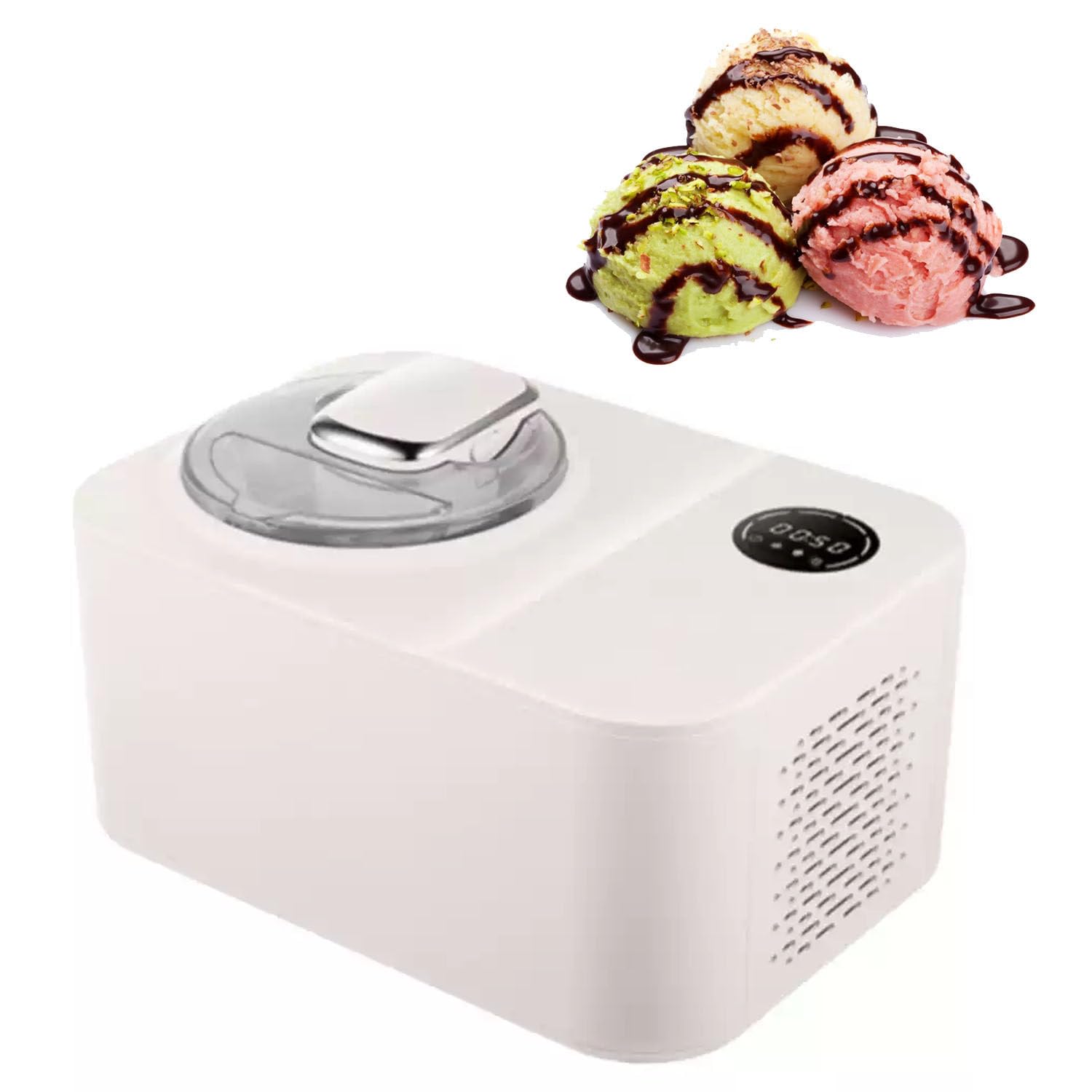 Heladera y Postrera Automática 1,2L | Compresor | Sin Precongelado | Máquina Helado Suave para Helado, Sorbete & Yogur en 30 Min – 4 Modos, Pantalla Digital, Mantiene Frío 10 Min