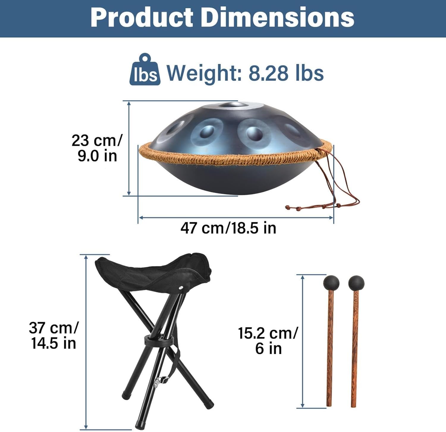 18-Inch 9-Note G Kurd Handpan Drum 440Hz Hand Tuned Steel Hand Drum with Soft Bag Mallets Stand Note Stickers Cleaning Cloth for Yoga Meditation Performance