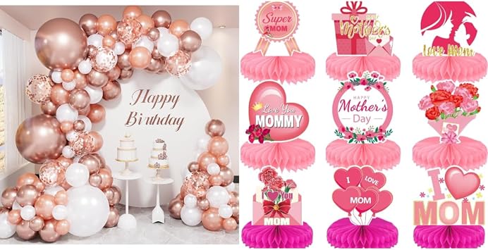 Mothers Day Decorations Set with Rose Gold Balloon Garland Arch Kit, 134PCS Rose Gold White Confetti Balloons with 9Pcs Pink Honeycomb Centerpieces, Super Mom Table Decorations, Party Supplies