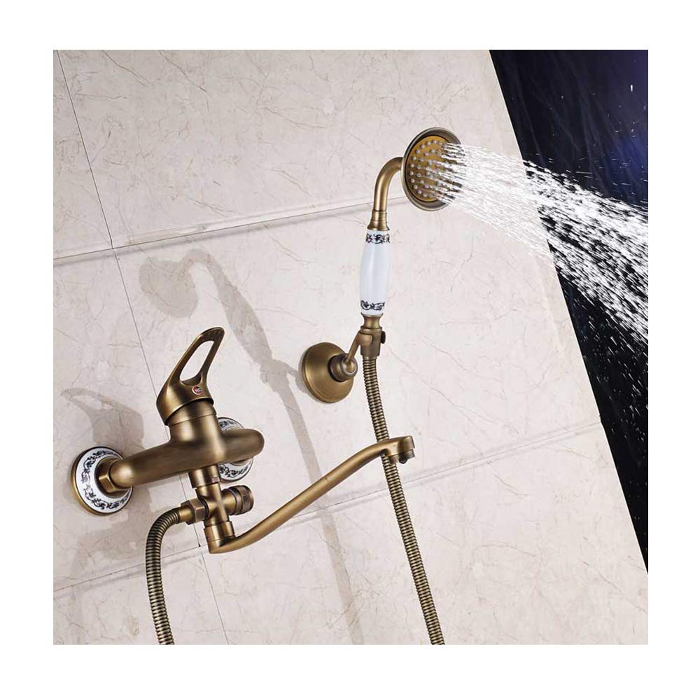 GLJTUO Antique Brass Bathtub Faucet with Handheld Shower Wall Mounted Shower System with Single Handle Bathtub Mixer Taps for Bathroom,25cm spout A,25cm Spout B