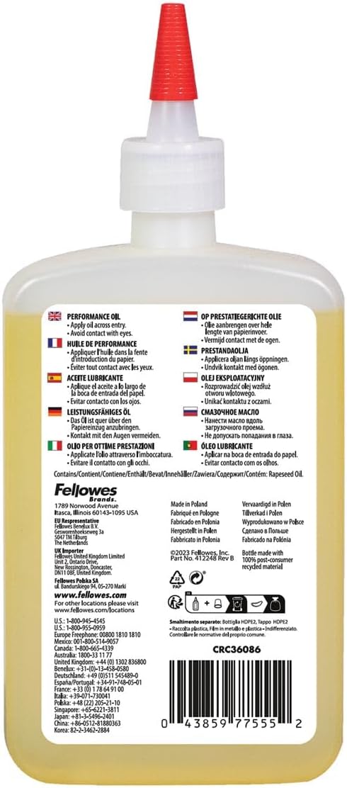 Fellowes Olio per Distruggi Documenti, per Tritacarte a Frammento e Striscia, 355 ml - Olio Lubrificante con Beccuccio