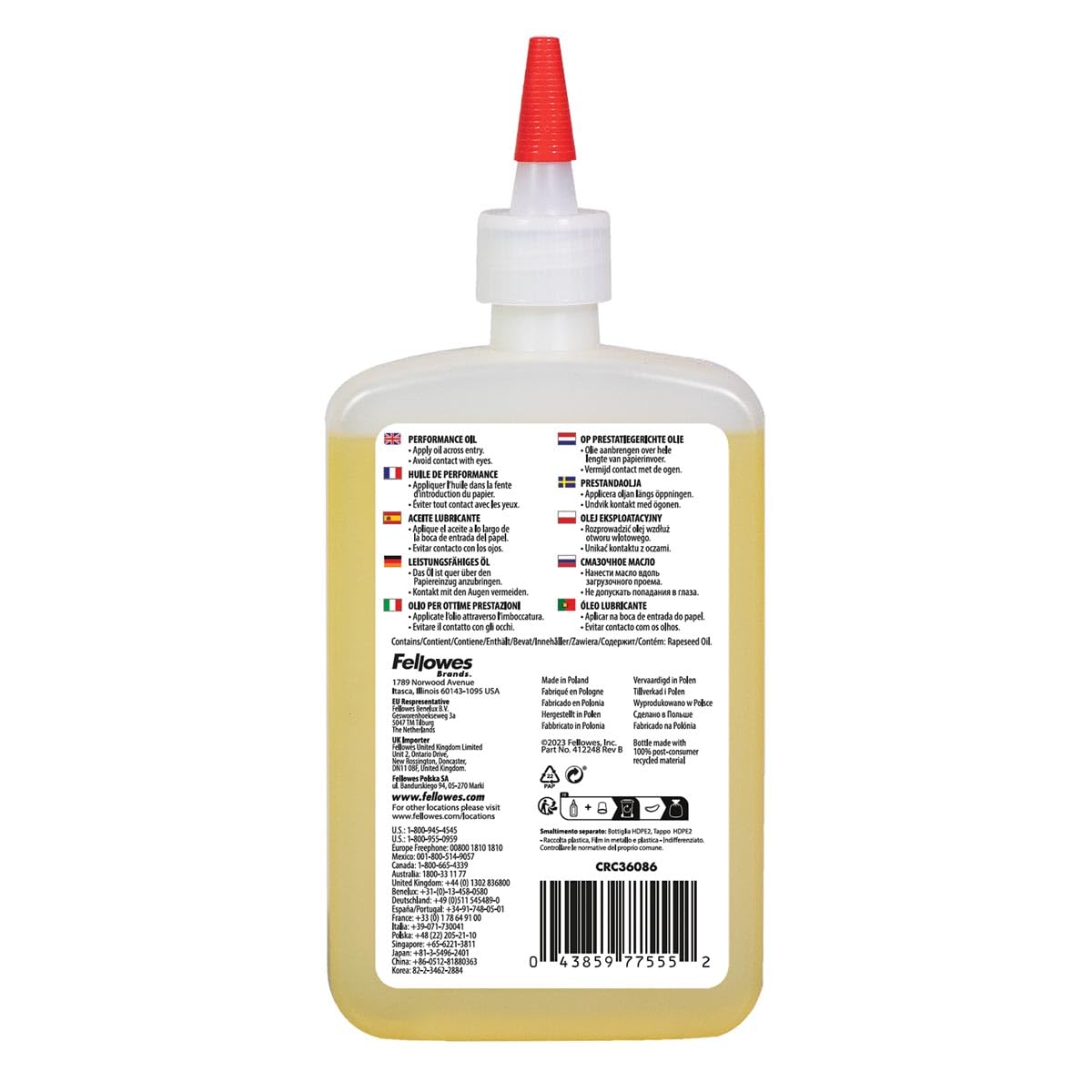 Fellowes Olio per Distruggi Documenti, per Tritacarte a Frammento e Striscia, 355 ml - Olio Lubrificante con Beccuccio