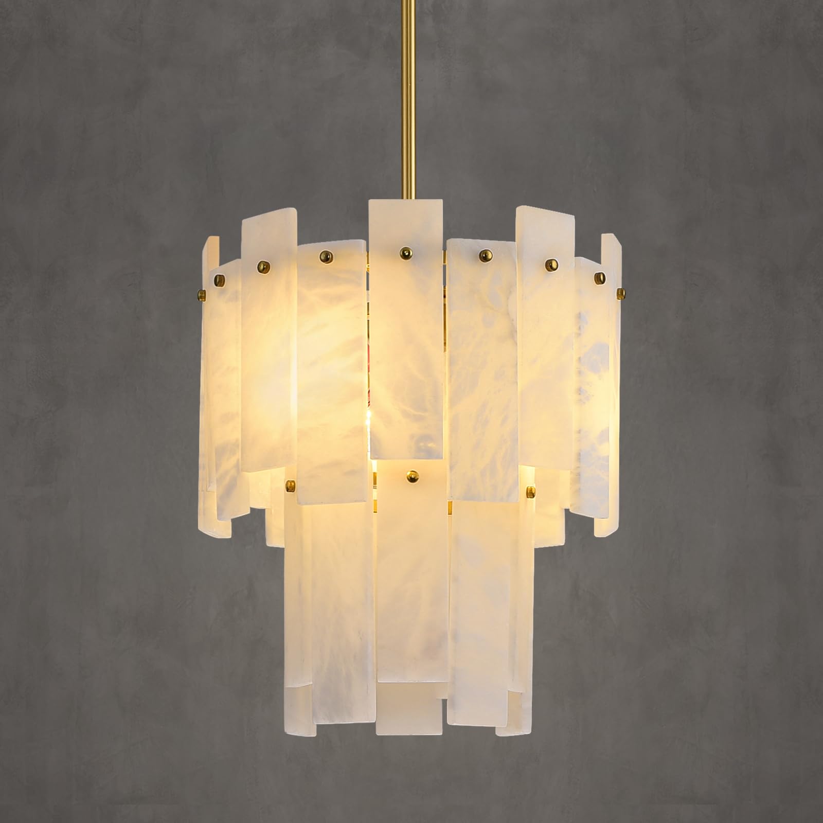 Photo 1 of PIOUTNF Alabaster Round Chandelier, 2-Tier Spanish Alabaster Chandeliers, Warm White, 13" Modern Small Gold Marble Pendant Chandeliers for Foyer, Kitchen Island, Dining Room, Bedroom