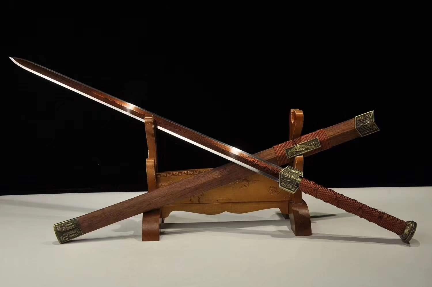 Chinese Han Jian Sword – Hand-Forged Damascus Steel Octahedron Red Blade, Full Tang Battle Ready with Rosewood Scabbard for Martial Arts & Collectors