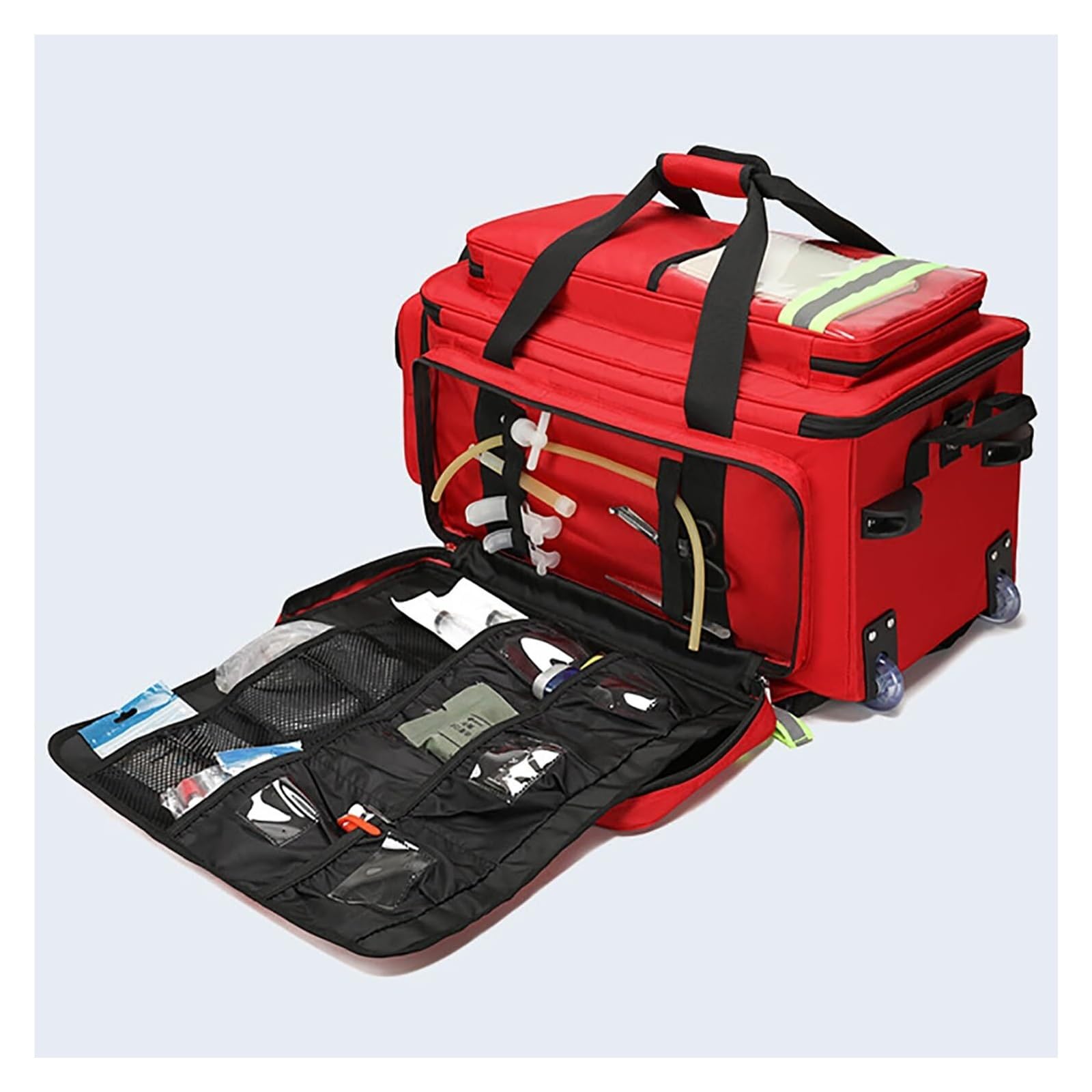 Zaino Pronto Soccorso con Ruote - Borsa Medica Grande Impermeabile con Carrello Estraibile, Compartimenti Regolabili e Bande Riflettenti per Casa, Viaggio, Escursionismo