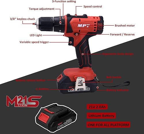 Miniatura 2 de Taladro inalámbrico - MPT 21V inalámbrico juego de taladro con baterías y cargador rápido, portabrocas sin llave de 38 pulgadas, 2 velocidades