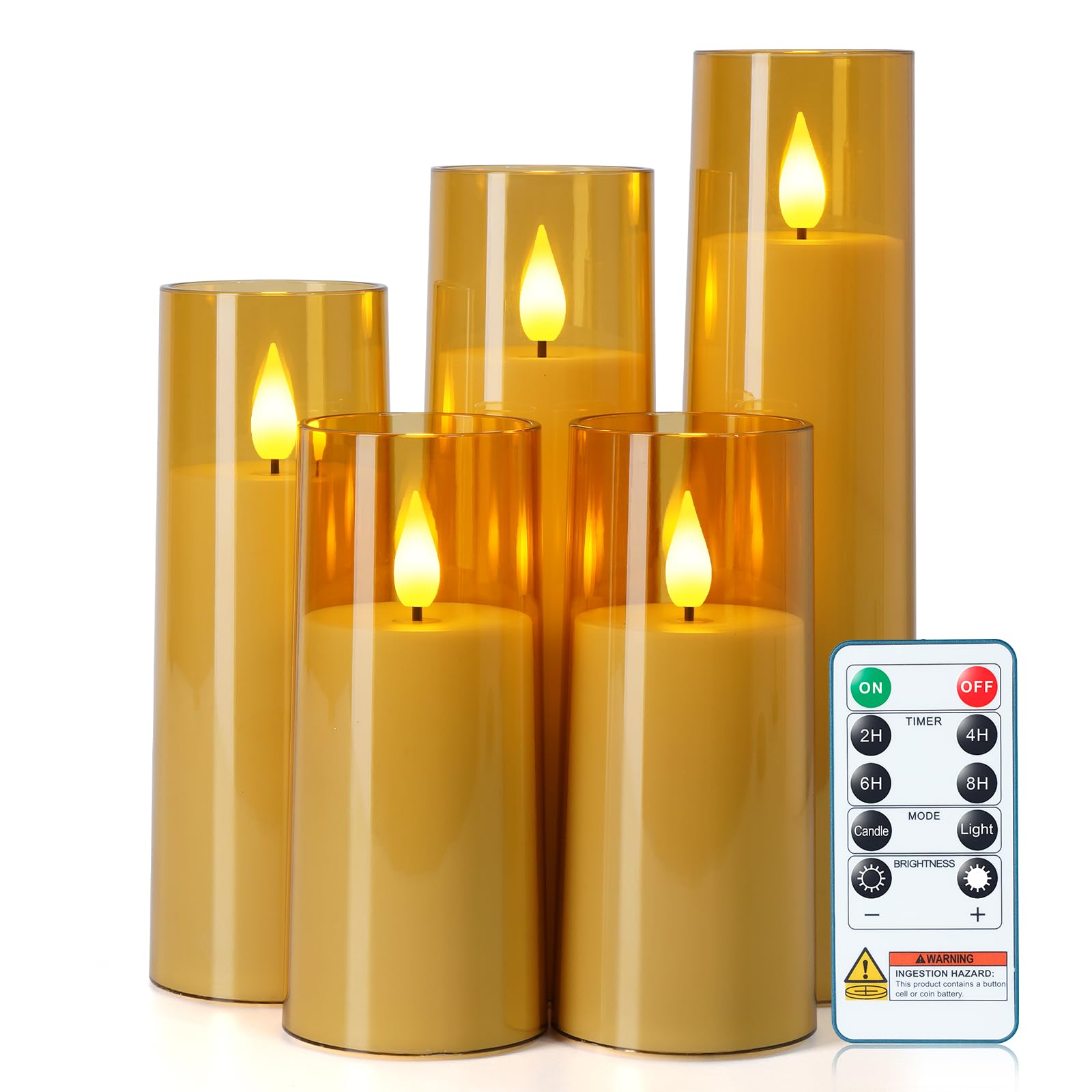 Homemory Gold Flameless Candles Flickering, Battery Operated Candles, Electric LED Pillar Candles with Remote Control and Timer for Home Decoration, D2.2 xH5 5" 6" 7" 8", Set of 5