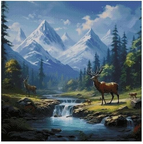 Max Stitch Design Deer In Spring14ct Cotton Counted Cross Stitch Kits, 100% Cotton, 14 Count 300X300 Stitch,54X54cm Deer And Landscape Cross Stitch Kit