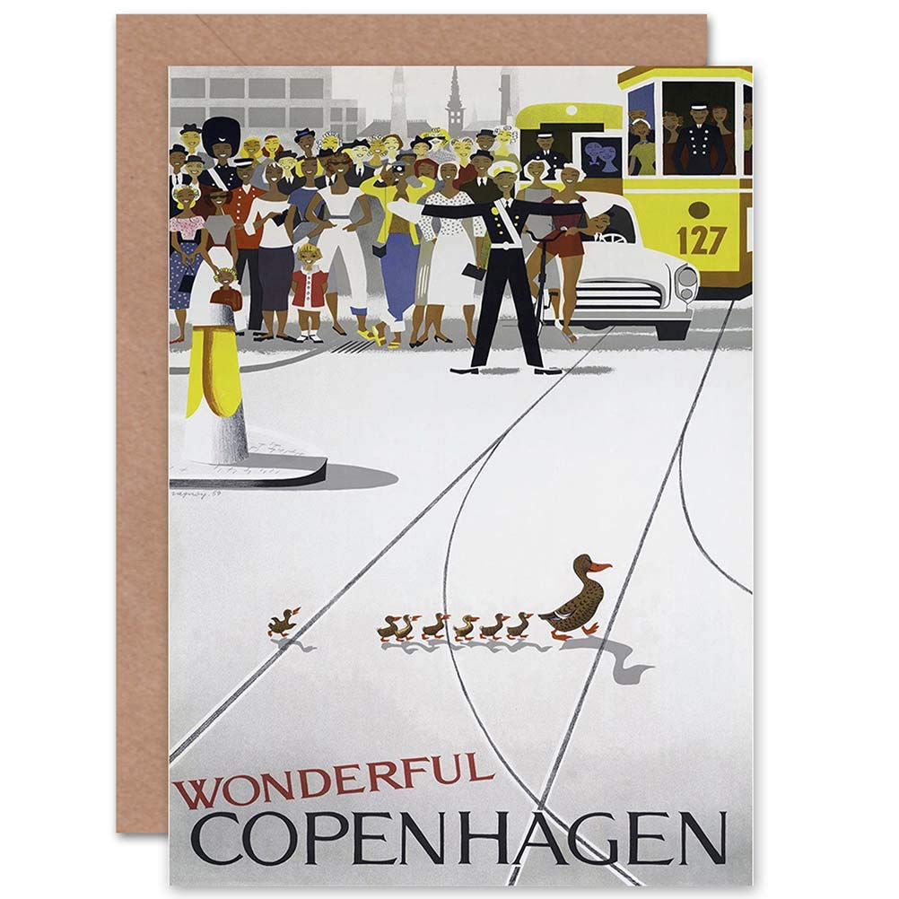 Wee Blue Coo TRAVEL COPENHAGEN SMILING DUCK ADVERTISING RETRO GREETINGS CARD