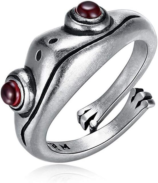 Aukmla Vintage 925 Sterling Silver Frog Ring with Red Jade Garnet Silver Frog Finger Adjustable Open Ring Retro Animal Finger Ring for Women and Girls
