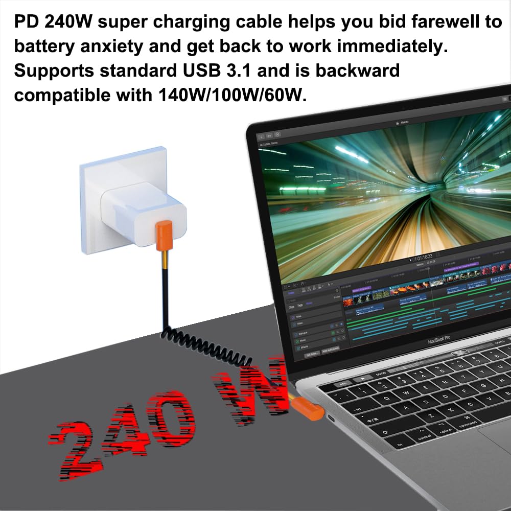 0.6-3.6ft USB 4.0 Type C Coiled Cable, 40Gbps Bidirectional, 240W PD Charging, 8K@60Hz 4K@240Hz Video, Up Down to Up Down Angle Male Spring Spiral Cord for Thunderbolt 4/3, Laptop, Monitor image 5