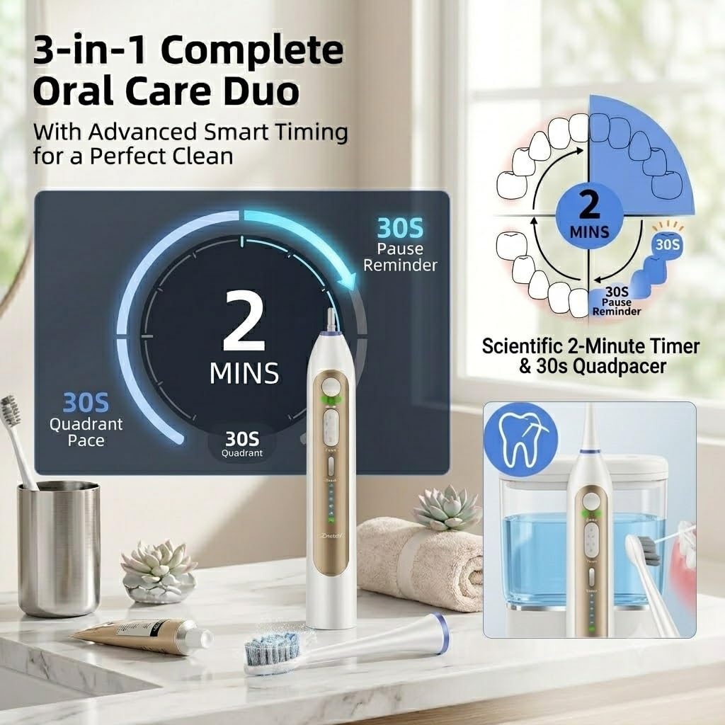 Spazzolino elettrico 3 in 1 con idropulsore, spazzolino da denti con filo interdentale aggiornato con 5 velocità e 3 modalità, 30 giorni/carica per la pulizia dei denti e la rimozione della