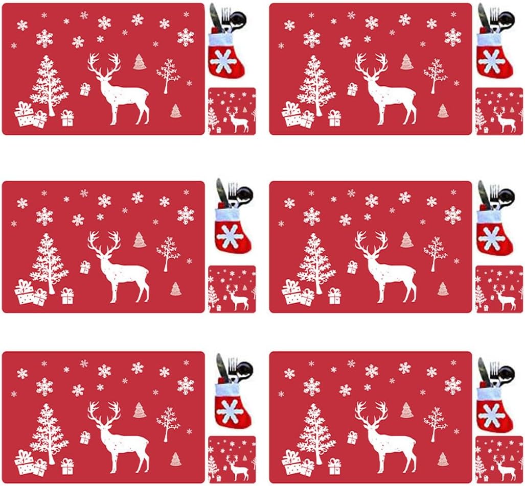 WVWMYM 18PCS PVC Christmas Placemats Coasters Cutlery set Washable and