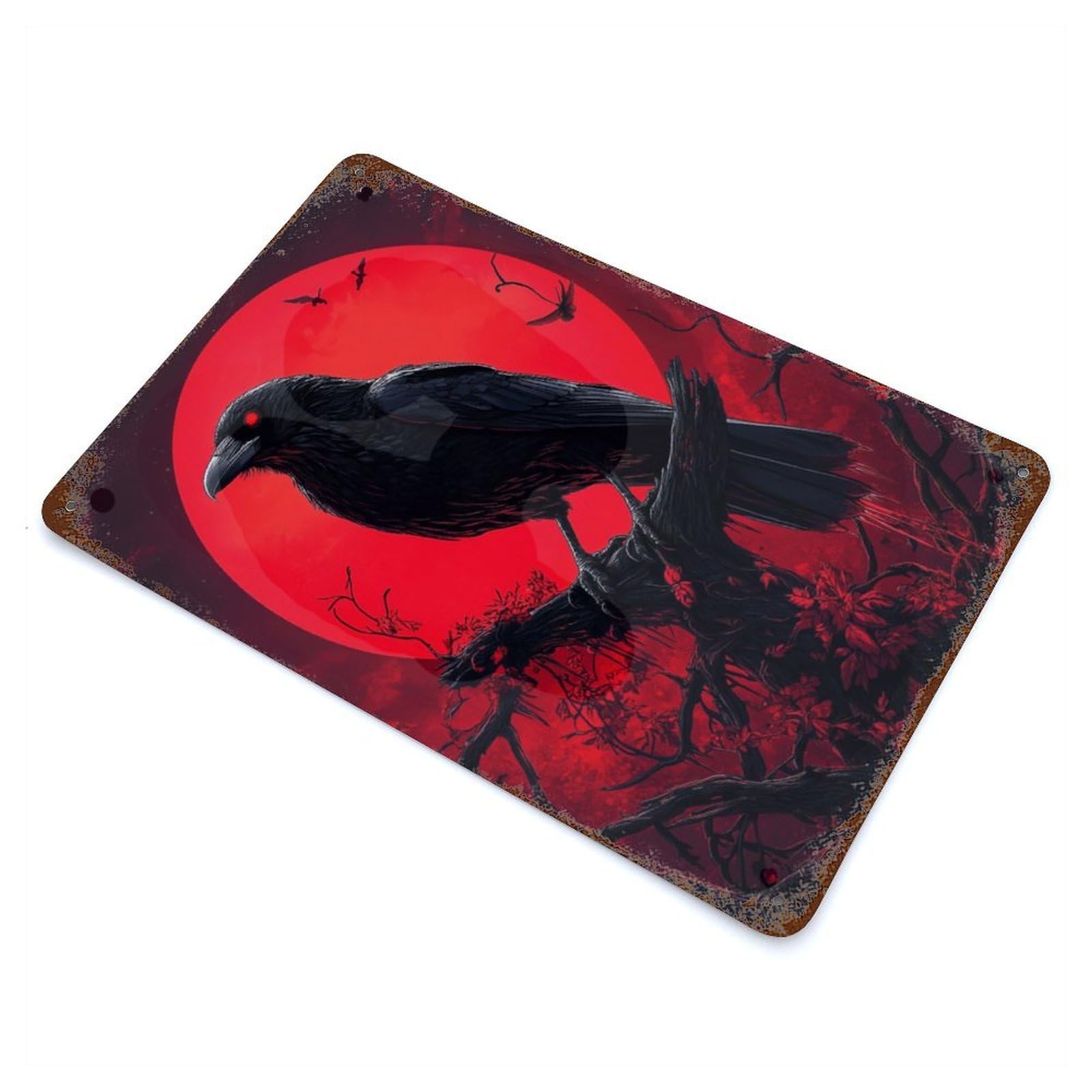 Raven And Blood Moon Rust Effect Tin Sign 11.8"x7.9", Ideal for Cafe, Home Bar And Lounge Decor
