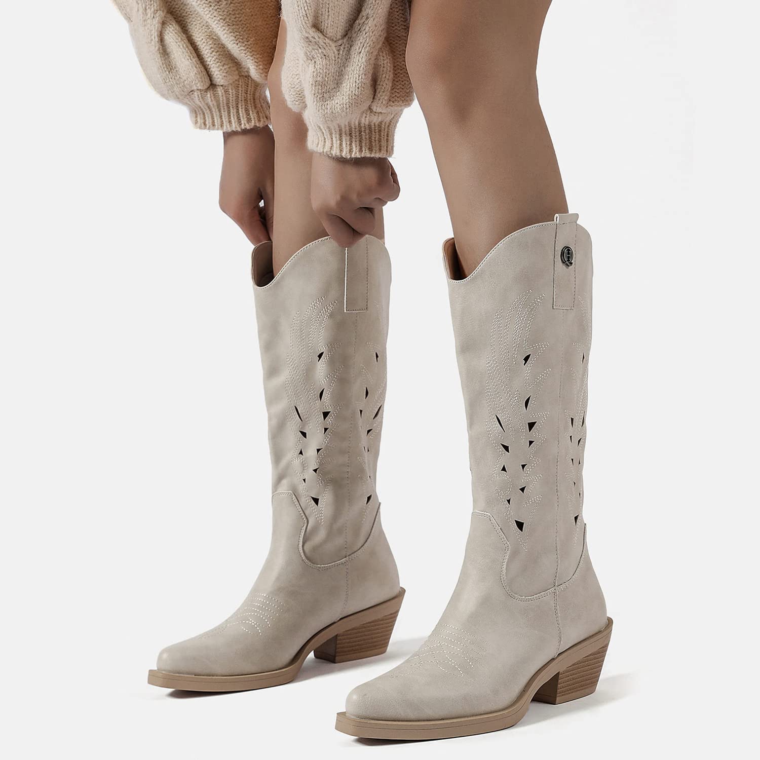QUEEN HELENA Camperos Stivali con Tacco Western Traforati Stivaletti Texani a Punta Cowboy Donna X28-103