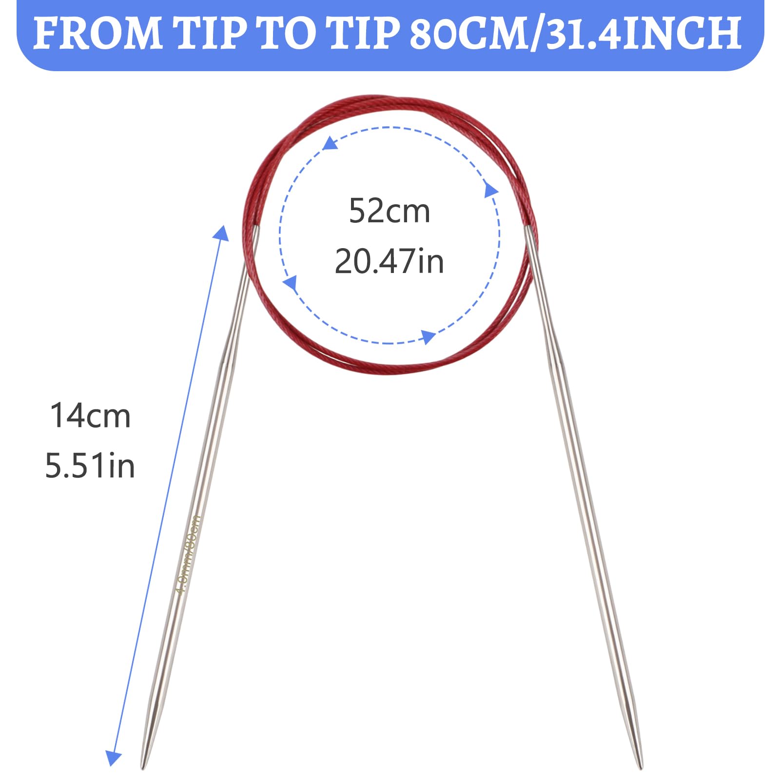 Reessy 4mm Circular Knitting Needles 80 cm Long, Stainless Steel Round Knitting Needle with Flexible Cable - Image 3