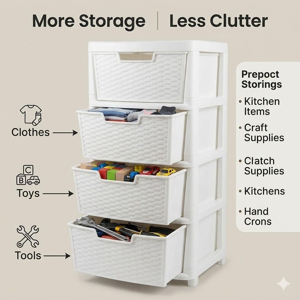 Kaanco Large Plastic Storage Drawers Rattan Effect Storage Unit Tower Space Saving Plastic Drawers for Bedroom Office Kitchen Laundry Bathroom Clothes Toy Home Organisation (4 Tier Rattan White) - Image 4