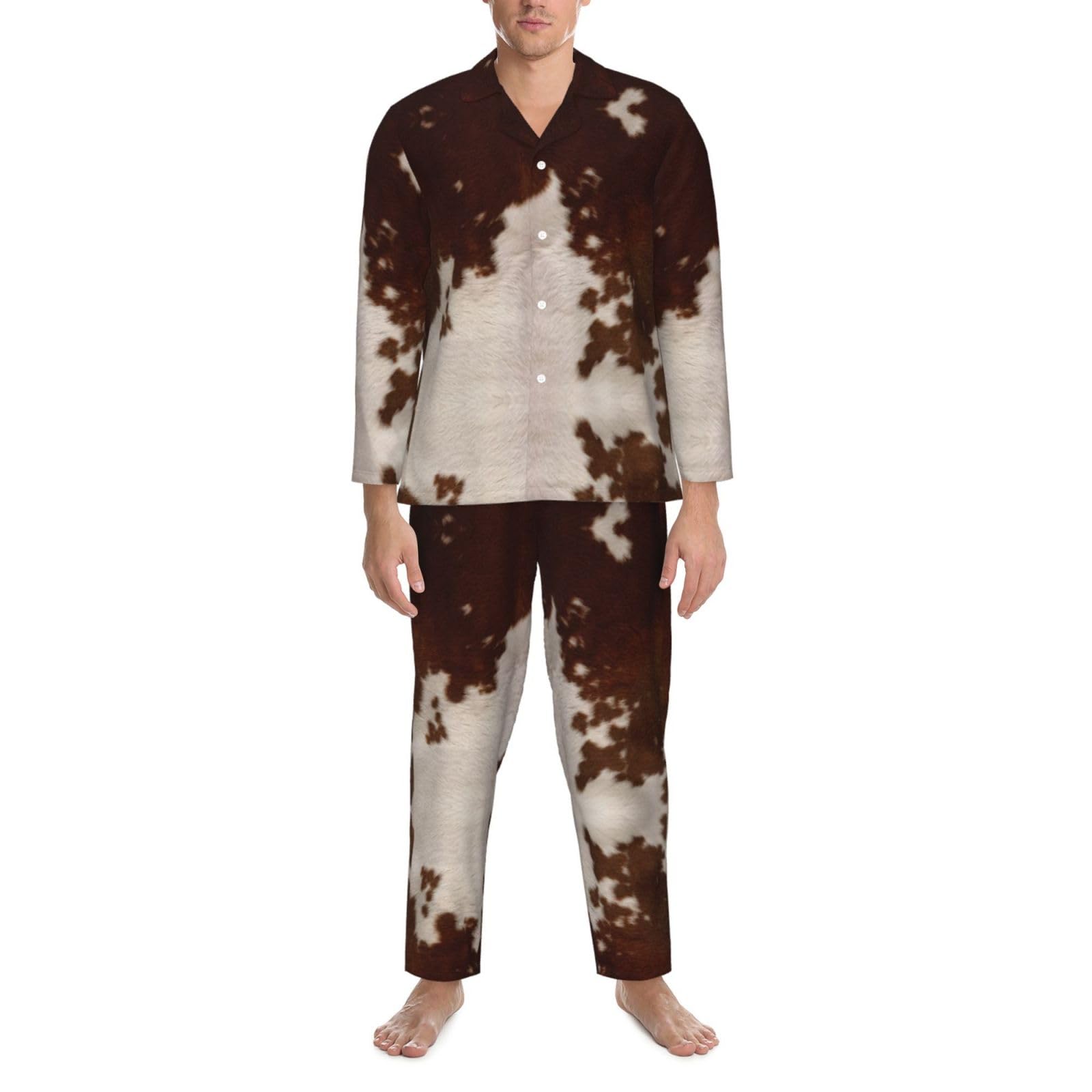 Conjunto de pijama para hombre con estampado de piel de vacuno, color rojo y marrón, pijama suave de manga larga con botones y bolsillos