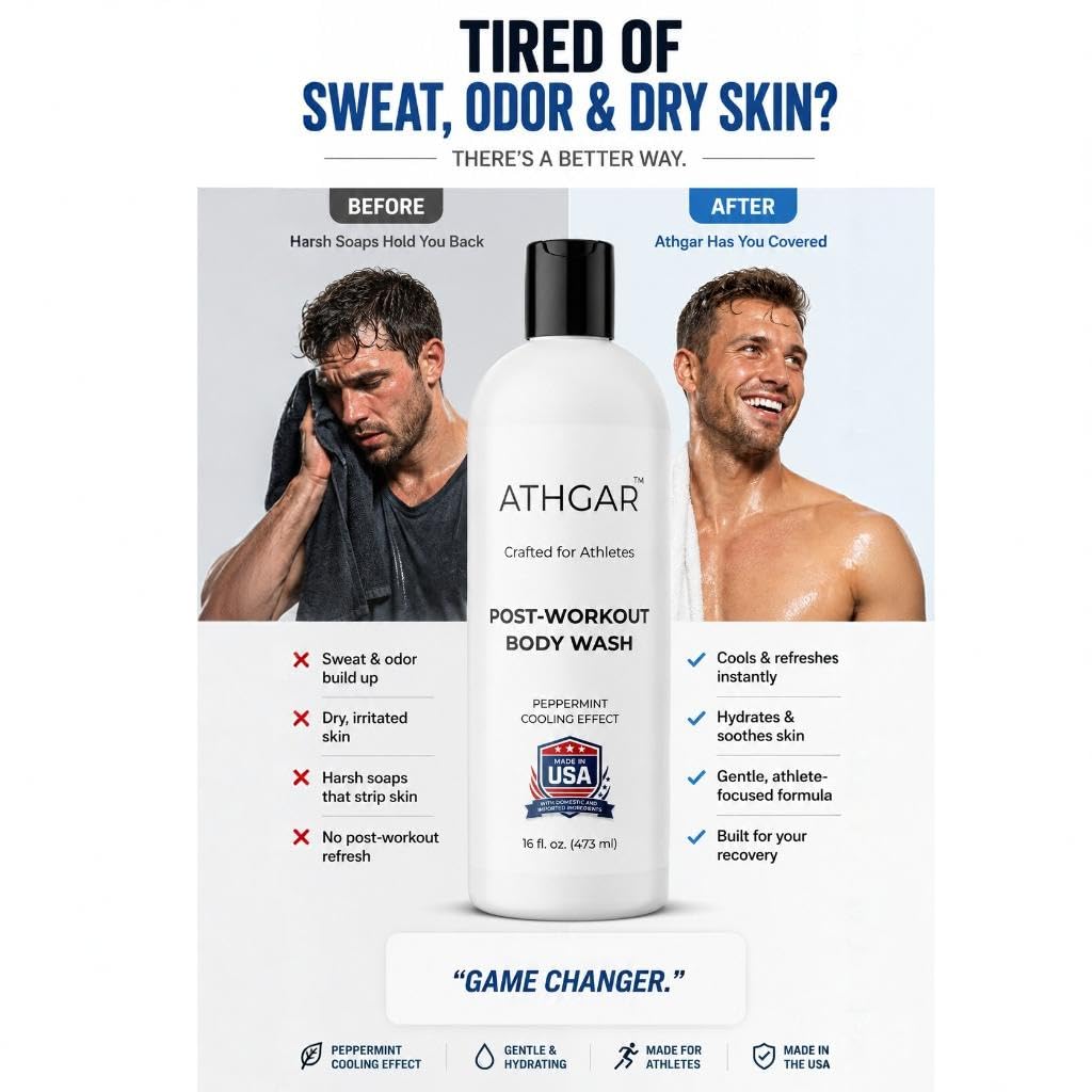 Refreshing Peppermint Body Wash | All Natural Shower Soap for Athletes | Odor Control & Moisturizing Care for Sports, Post Workout & Recovery | Paraben & GMO Free- 16 oz