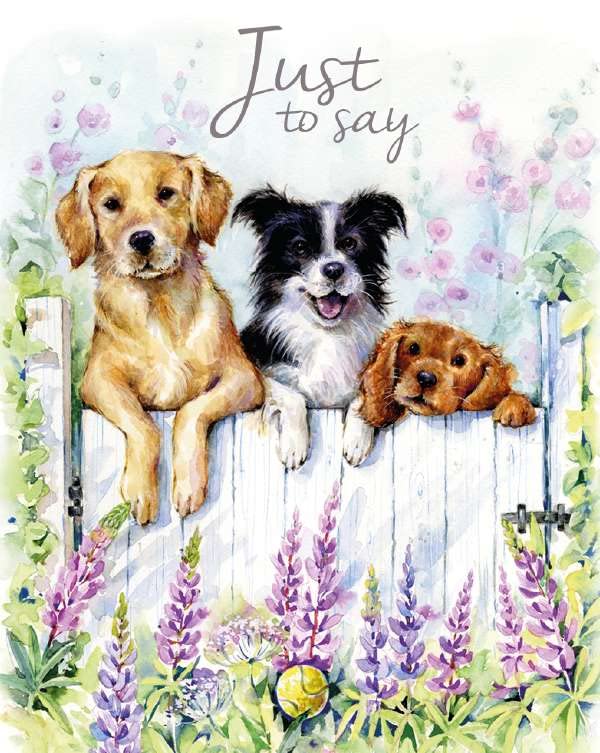 Noel Tatt Pack of 4 Open Artistic Blank Greeting Cards - 'Just to Say' - Dogs & Garden Gate Watercolour Illustration - 4 Cards of 1 Design