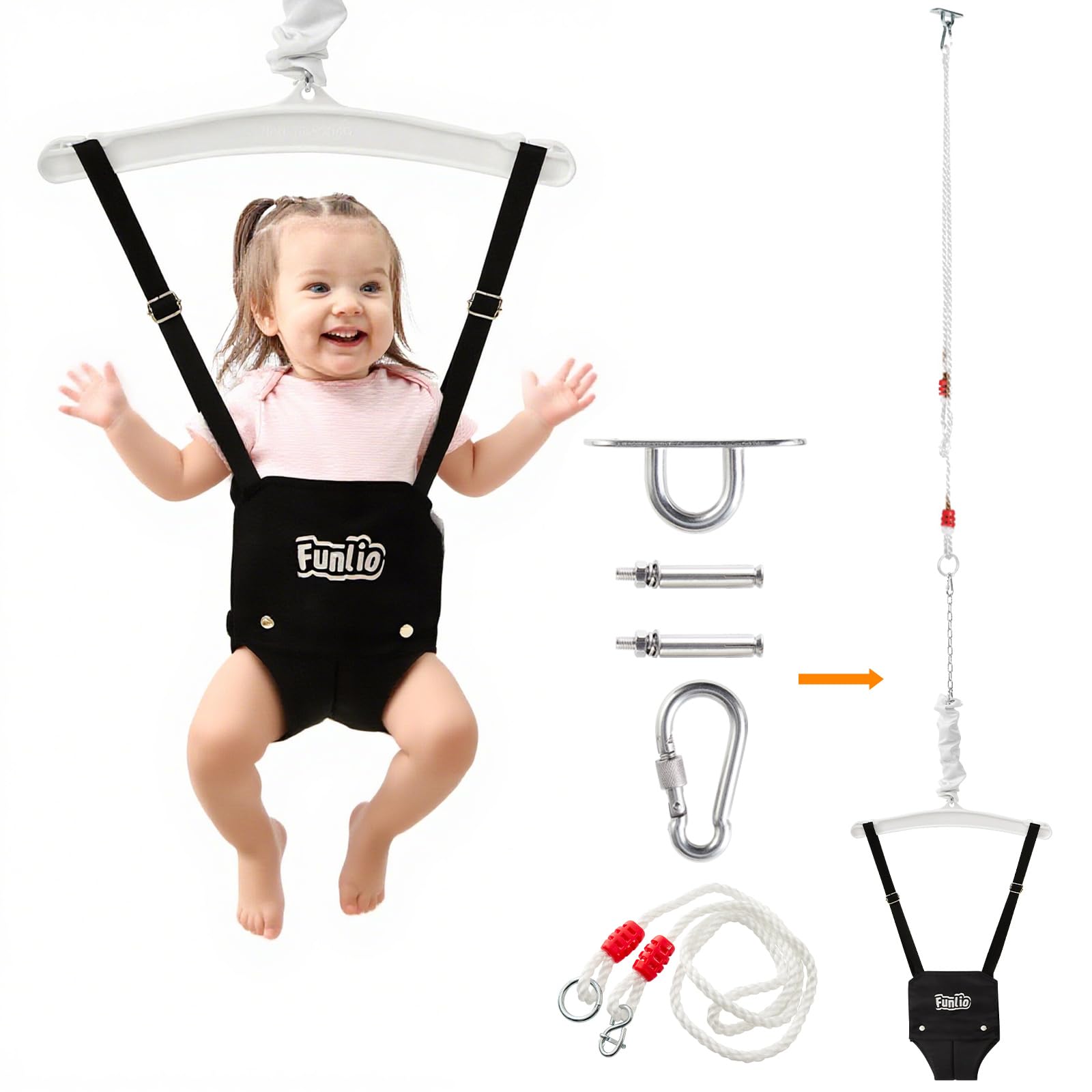 FUNLIO Baby Door Jump with a Ceiling Hook (6-24 Months Indoor/Outdoor Baby Play Swing Exercise Set, with Adjustable Chain - Black