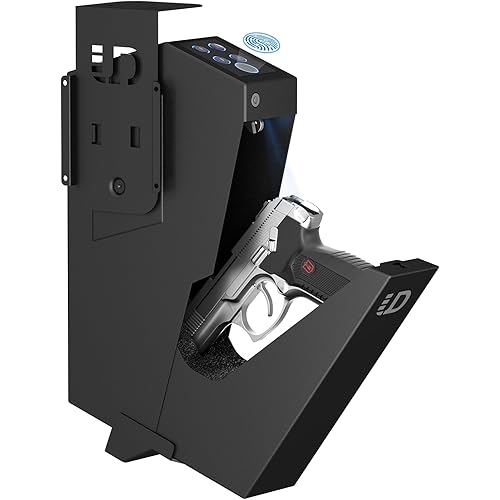 Urban Deco Gun Safe for Handgun Drop Down,Quick Access Pistol Safe Mounted Single Biometric Safes For Nightstand, Desk, Bedside,Vehicle Handgun Safe Auto Open - With Fingerprint, Pin Code, Key Access