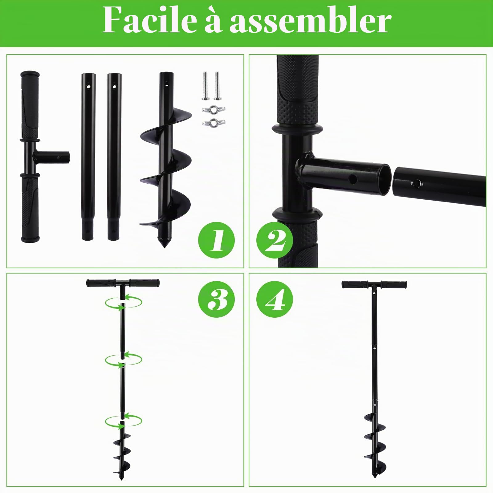 APACALI 1 tarière manuelle de 60 à 85 cm, réglable, avec poignée antidérapante amovible, tarière pour visseuse sans fil, tarière de jardin pour pose de poteaux de clôture, plantation