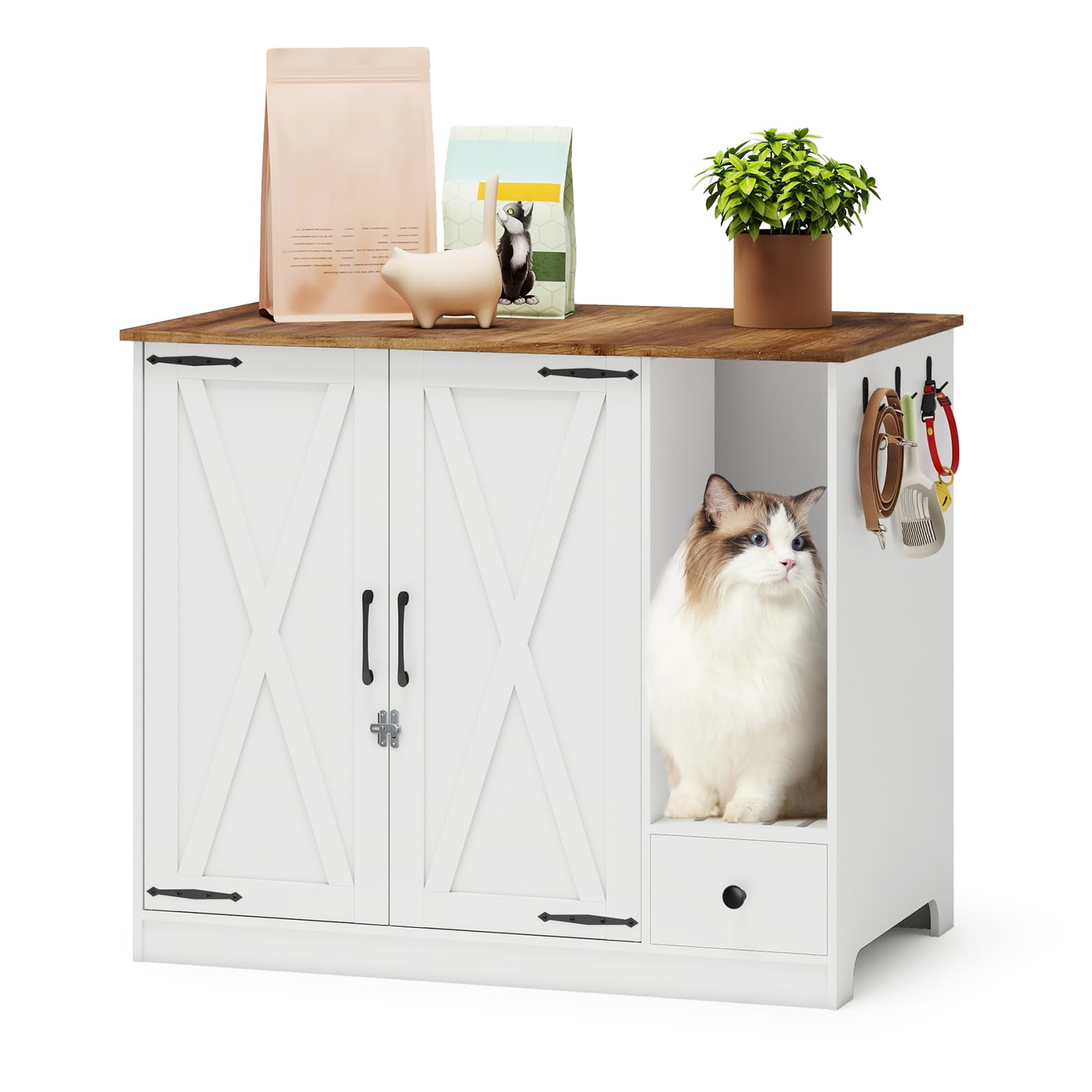 YUSING Large/Tall Cat Litter Enclosure, Litter Box Furniture Hidden, Cat Litter Box Enclosure Cabinet Large with Double Doors and Pull-Out Drawer for Self-Cleaning Litter Boxes