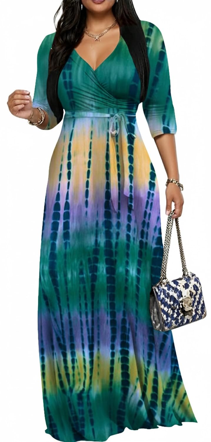 Women's Church Maxi Wrap V Neck 3/4 Sleeve Tie Waist Plus Size Long Dress