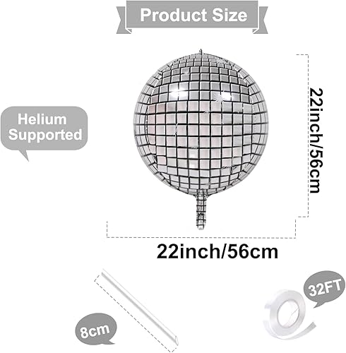 Miniatura 2 de 6 globos grandes de bola de discoteca plateada de 22 pulgadas, globos grandes de espejo de Mylar redondos 4D para decoraciones de baile de discoteca